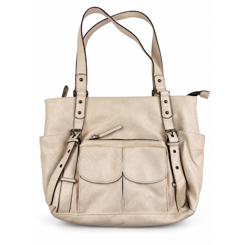 Vintage Y2K 2000s Cream Multi Pocket Buckle Boho Shoulder Bag Tote Purse